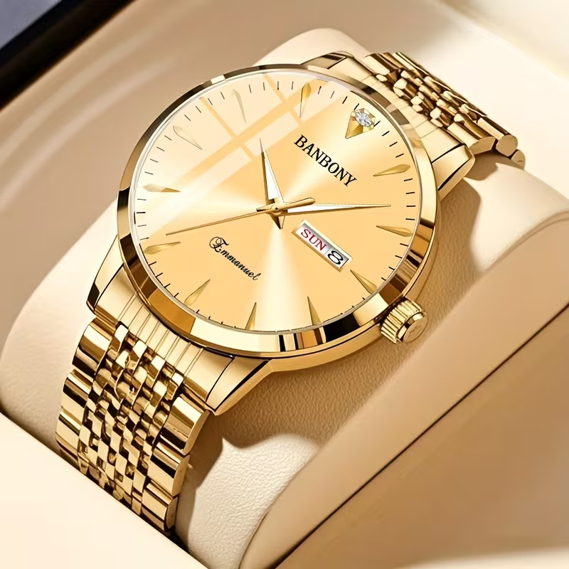New Banbony Unisex Stainless Steel Quartz Watch with Rhinestone Accents, Water-Resistant IPX7, Sleek HD Dial, Date Display, Golden-Tone Finish - Ideal for Casual Wear, Parties, and Gifts