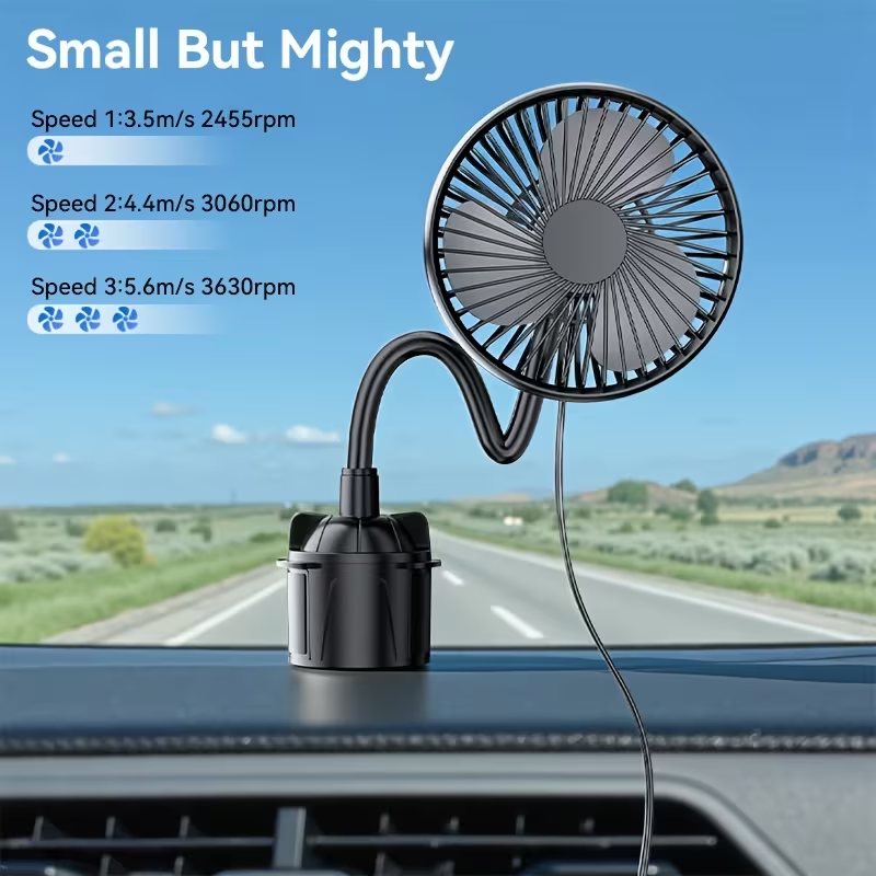 USB Cup Holder Fan | Portable Personal Desk Fan with Power Cord, 3 Speeds Strong Airflow, Flexible Adjustable Hose, Ultra-Quiet | Ideal for Home, Office, Car & Summer Travel