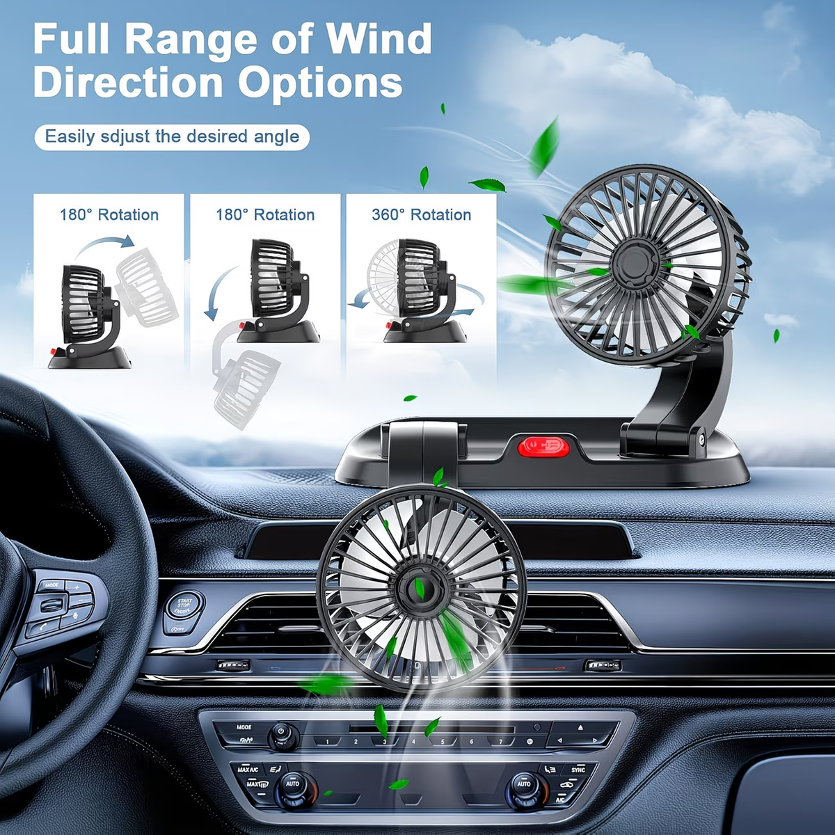 USB Fan for Cars with Dual Heads, 360° Adjustable - Ideal for Computers And Gadgets, Features 2 Speed Settings, Works with Trucks And Suvs - Compatible with Laptops