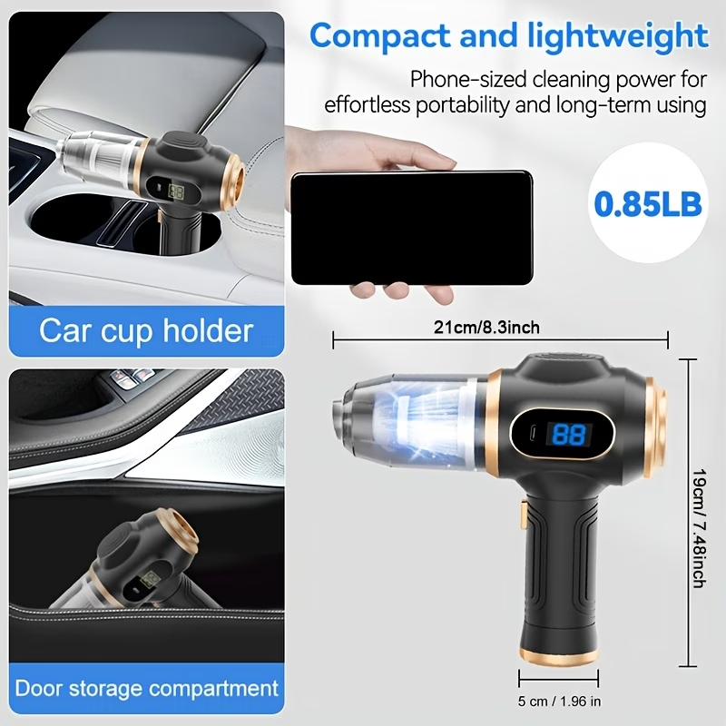 High-Power Handheld Vacuum Cleaner with Strong Suction - Fast Cleaning, Includes Crevice Tool & Multiple Accessories and Brushes, USB Charging, Blowing and Sucking Function, for Home and Car Use, Hair Removal, Quick Cleanup, Ergonomic Grip