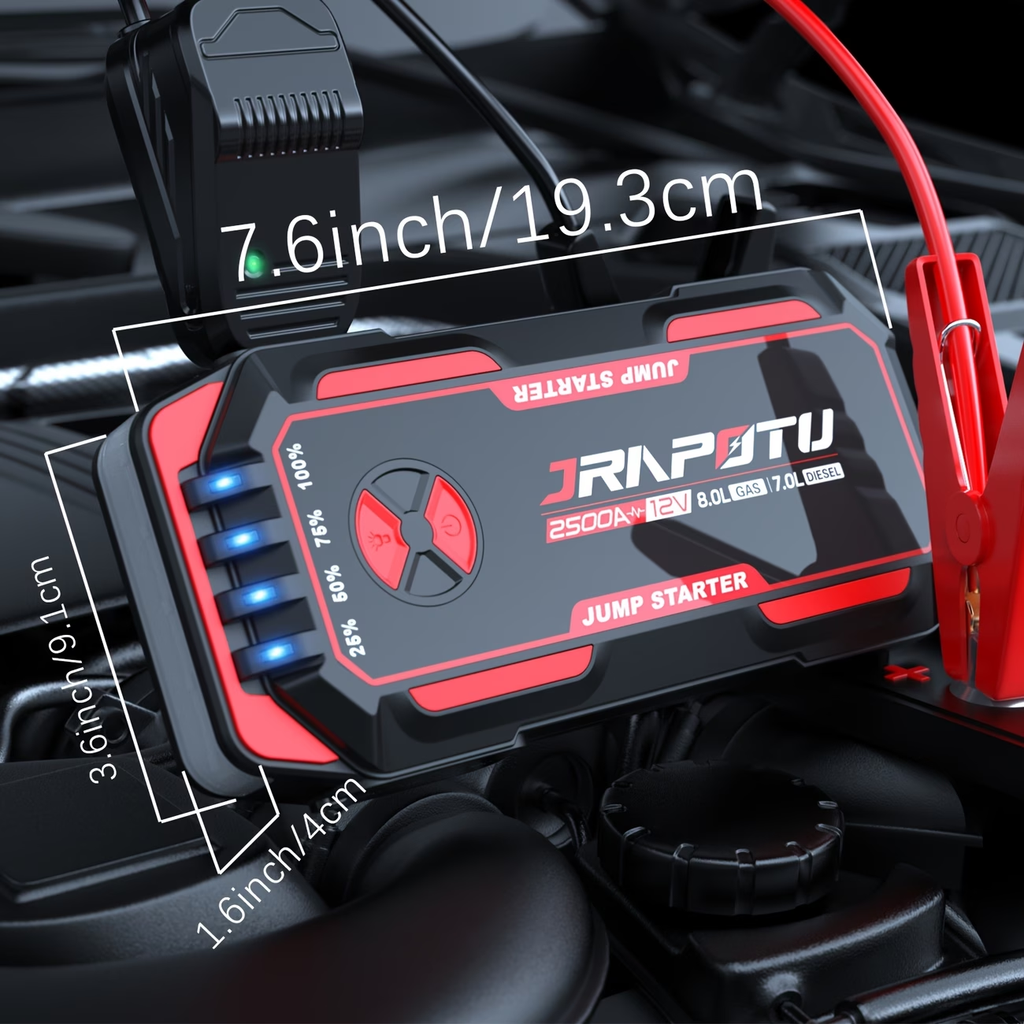 Portable Car Jump Starter, 2500A Peak Battery Jumper Starter Portable, Jump Box for Car Battery, 12V Portable Jump Starter for 2.11gal Gas & 1.85gal Diesel Cars with USB Ports & LED Flashlight, Car Battery Charger Jump Starter, Battery Starter