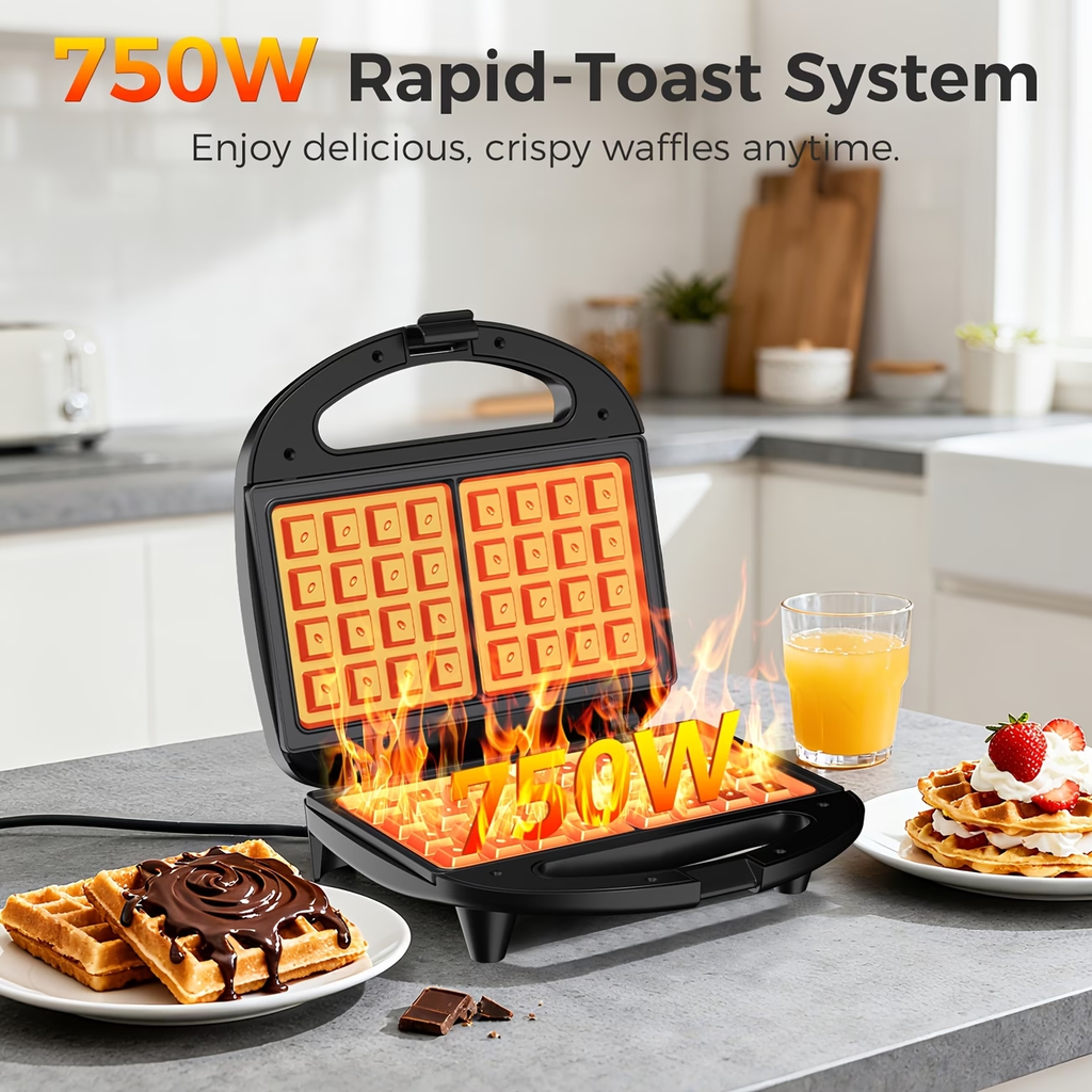 Two-Slice Non-Stick Waffle Maker, Belgian Style with Indicator Lights, Pfoa-Free, Ideal for Breakfast And Snacks, 750 Watts
