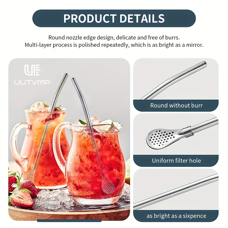 3PCS  Ice drink strainer, straw, and spoon, made of thickened 304 stainless steel, not for single use, reusable, 18cm long, detachable for cleaning, multifunctional, smooth and comfortable to use.