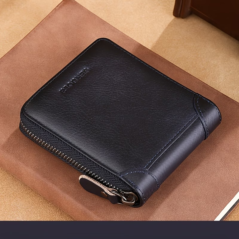 Men'S New Genuine Leather Short Wallet with Large Capacity, Zipper, Tri-Fold Design, And Ultra-Thin Cardholder