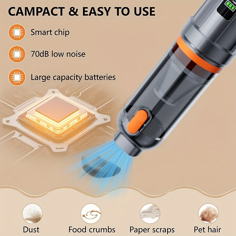 100W Handheld Vacuum Cleaner with Powerful Suction | Upgraded Brushless Motor, Rechargeable Lithium Battery, Suitable for Car, Home, and Office Use, Comes with Cleaning Hose