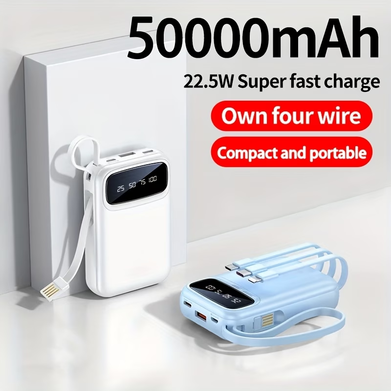 50000mAh Portable Power Bank, Comes With Four Data Cables/lanyard/LED Power Display, Suitable For Fast Charging Of Mobile Phones Such As IPhone/Android And Digital Electronic Products, Outdoor Portable Emergency Power Backup Battery Pack, Gift