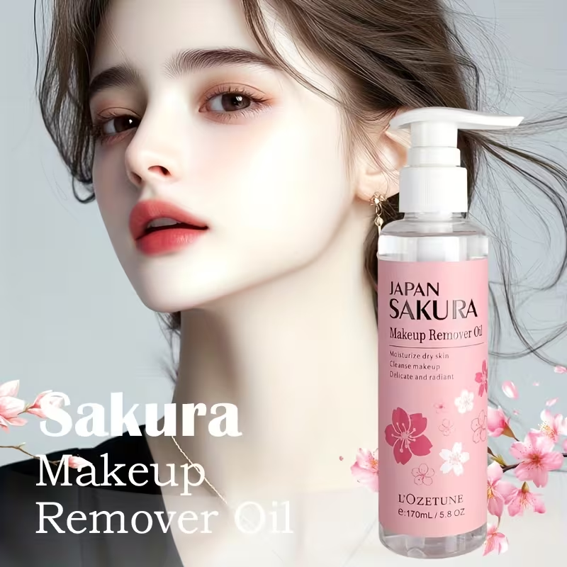 New Release 5.75oz Sakura Love Makeup Remover Oil, Contains Plant-Derived Squalane, Gentle Alcohol-Free Formula, Emulsifies in One Second, Refreshing and Non-Comedogenic, Suitable for Students and Women, A Must-Have for Daily Makeup Removal