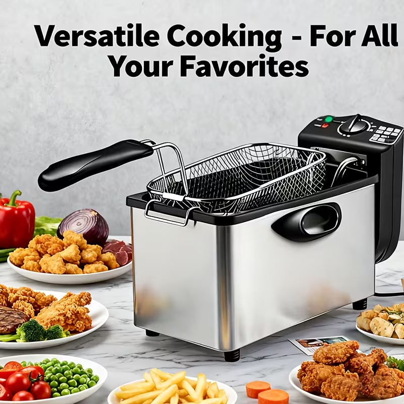 Electric Deep Fryer with a Stainless Steel Basket, Removable Lid, And Oil Container