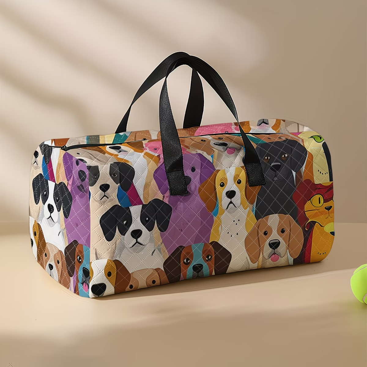 Cartoon Abstract Kitten Pattern Printed Handbag, Diamond Grid Large Capacity Travel Luggage Bag, Portable Overnight Bag, Fashionable Travel Bag, Yoga Training Bag, Portable Crossbody Bag with Shoe Storage