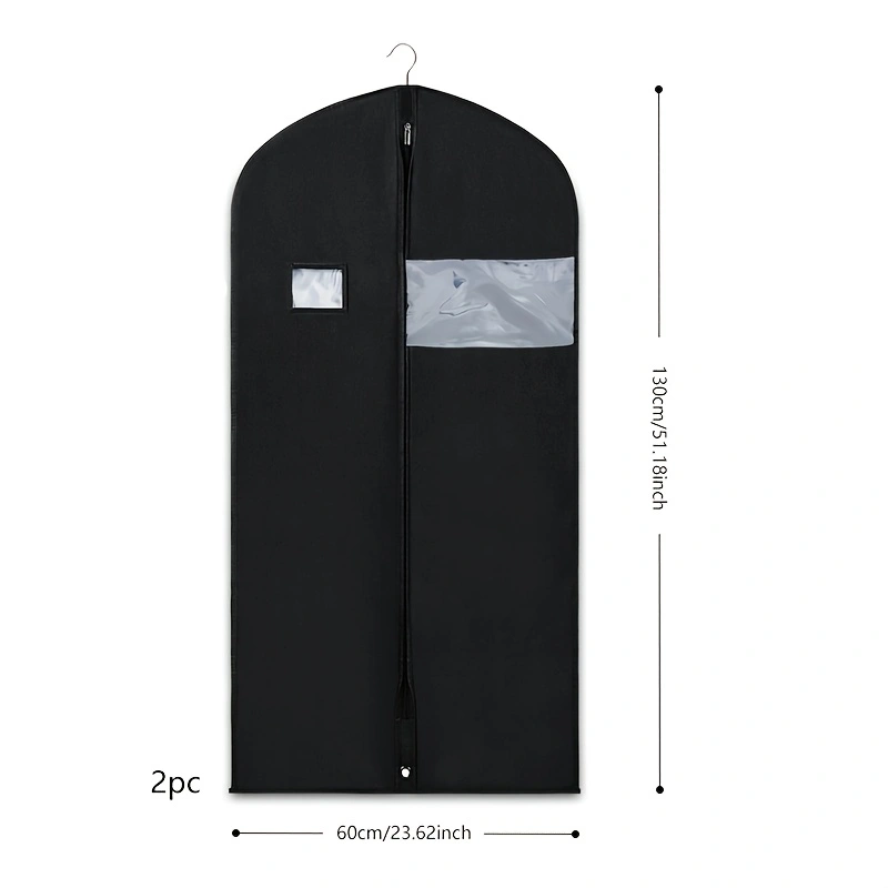 Black non-woven garment storage and dust cover; hanging suit organizer bag with a clear viewing window; easy-to-maintain, moisture-proof, and dust-proof storage bag for formal wear and suits.