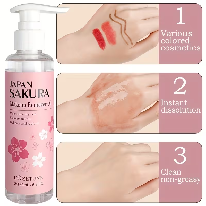 New Release 5.75oz Sakura Love Makeup Remover Oil, Contains Plant-Derived Squalane, Gentle Alcohol-Free Formula, Emulsifies in One Second, Refreshing and Non-Comedogenic, Suitable for Students and Women, A Must-Have for Daily Makeup Removal