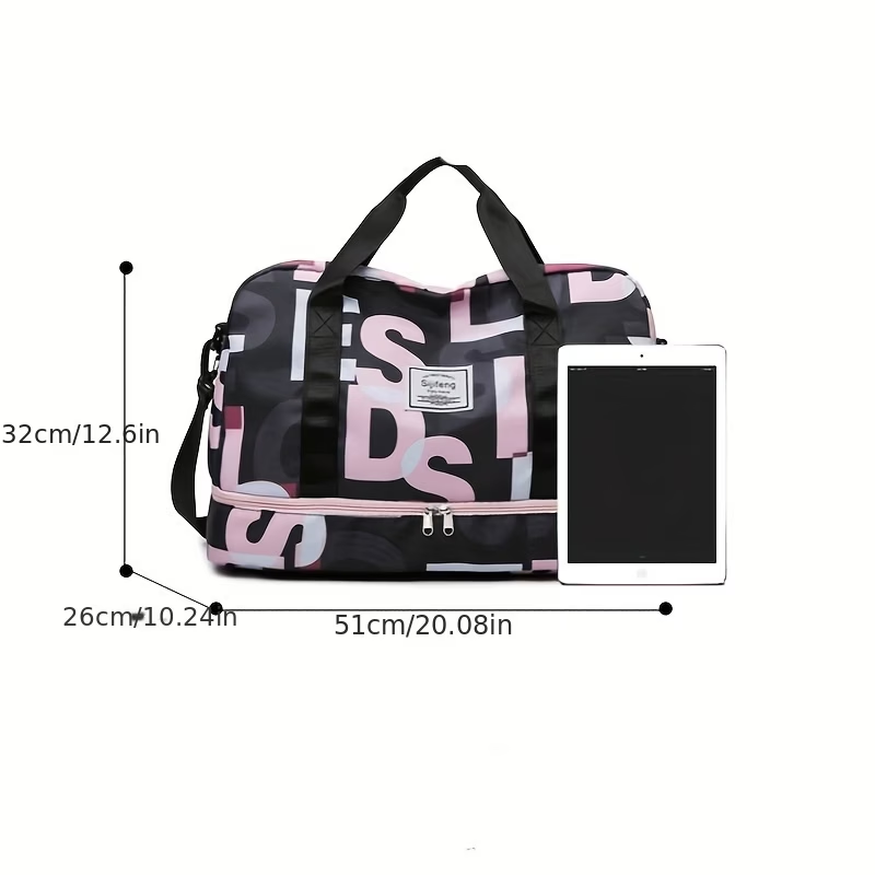 Duffel Bag with Independent Shoe Compartment - Lightweight, Large Capacity, Nylon, Machine Washable - Ideal for Swimming, Vacation, Short Business Trips, Maternity, Student Housing, Boarding, Yoga & Fitness Sessions - Fits Over Suitcase Handle
