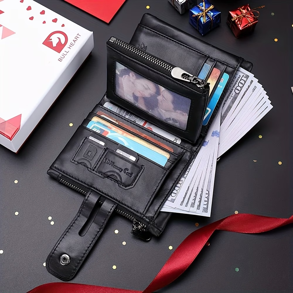 Men's Wallet With Chain - Genuine Leather Short Wallet RFID Blocking Card Holder Double Zipper Coin Pocket Anti-Theft Wallet - For Men - Suitable for Everyday Use - Ideal Gift for Father's Day, Birthday