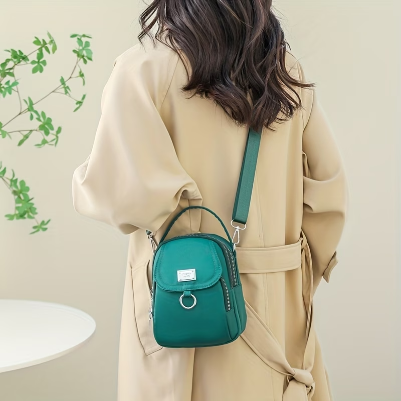 OGEHUAFEE Women'S Light Blue Nylon Shoulder Bag - Casual Mini Crossbody with Adjustable Strap, Multi-Layer, External Headphone Hole, Solid Color, Secure Zip Closure, Small Crossbody Bag