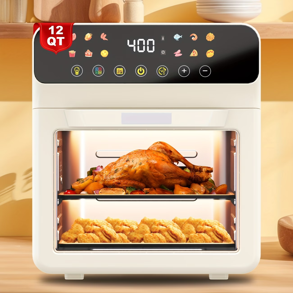 [Smart Air Fryer Oven] 12-in-1 Large 12-quart Air Fryer Oven | 12 One-Touch Preset Functions, Smart Cook Program, Two Baking Pan Accessories, Viewing Window, Interior Light, Adjustable Time & Temp, Oil-Free Family Cooker, Kitchen Appliances
