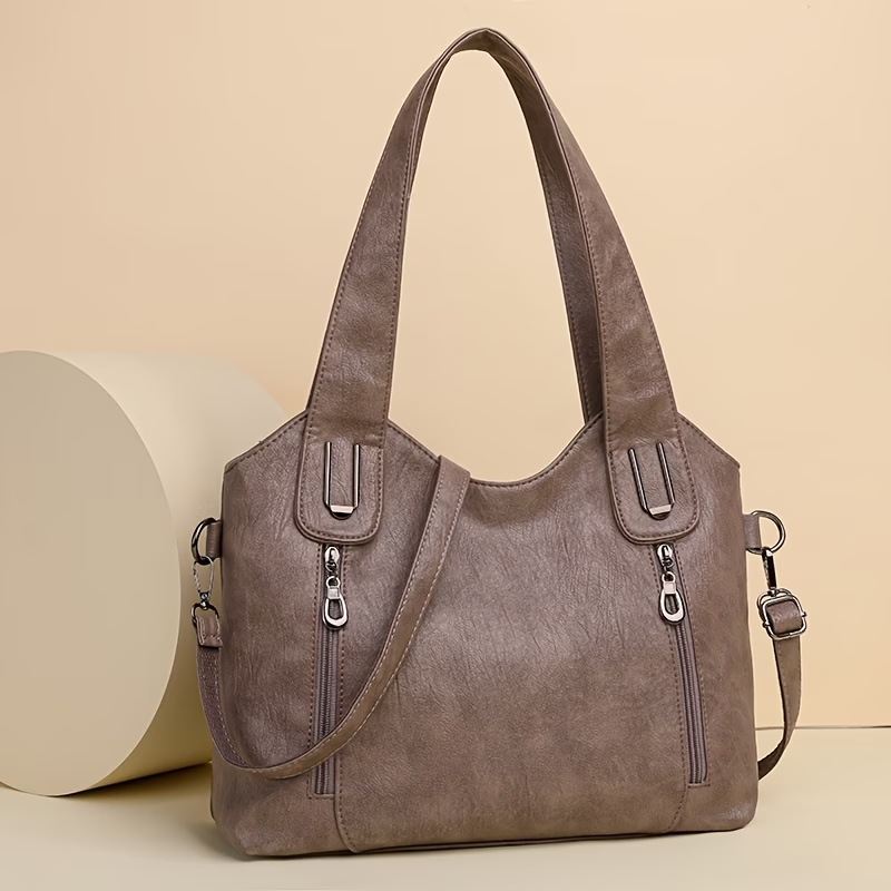 1pc Women's Large Capacity Tote Bag, Synthetic Synthetic Leather Shoulder Handbag with Removable Strap, Zipper Closure, Polyester Lined