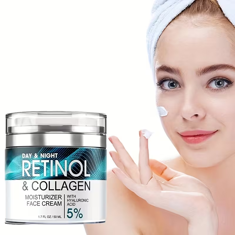 1pc 50ml Retinol Moisturizing Cream with Collagen, Hyaluronic Acid & Vitamin E • Hypoallergenic Face Moisturizer for Dry Light • Improves Elasticity • Hydrating Lotion for Women & Men • All Light Types • Daily Skincare • Sleek Jar Design