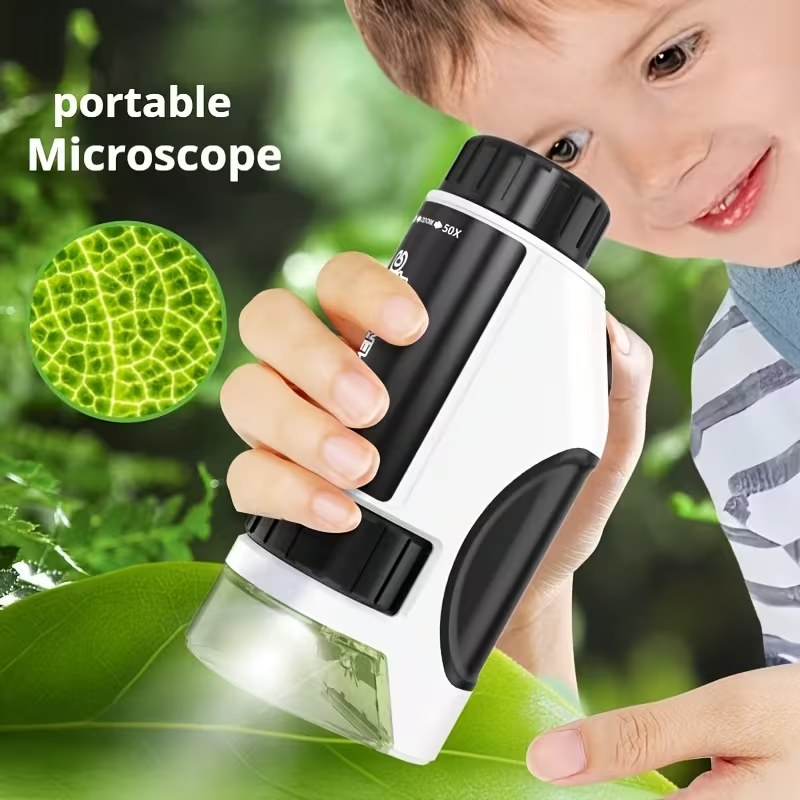 Portable Handheld Microscope Toy, with LED Light 50X-300X, Outdoor Indoor Nature Exploration Science Educational Toy, Holiday Gift