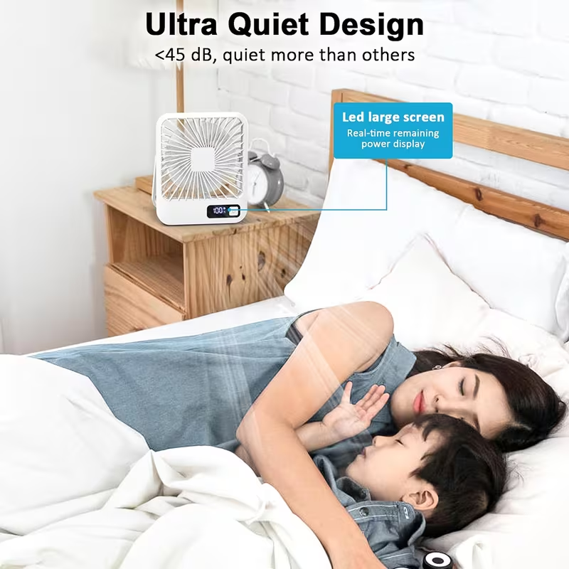 Rechargeable Table Fan with a 1800Mah Battery, Featuring a 180° Foldable Design And Power Display. This Ultra-Quiet Desktop Fan Is Ideal for Home, Office, Travel, And Outdoor Use, Offering 5 Speed Settings