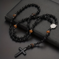 Trendy Cool Black Round Bead Yellow Tiger Eye St. Benedict Pendant Pendant Necklace Women Men Jewelry Gift