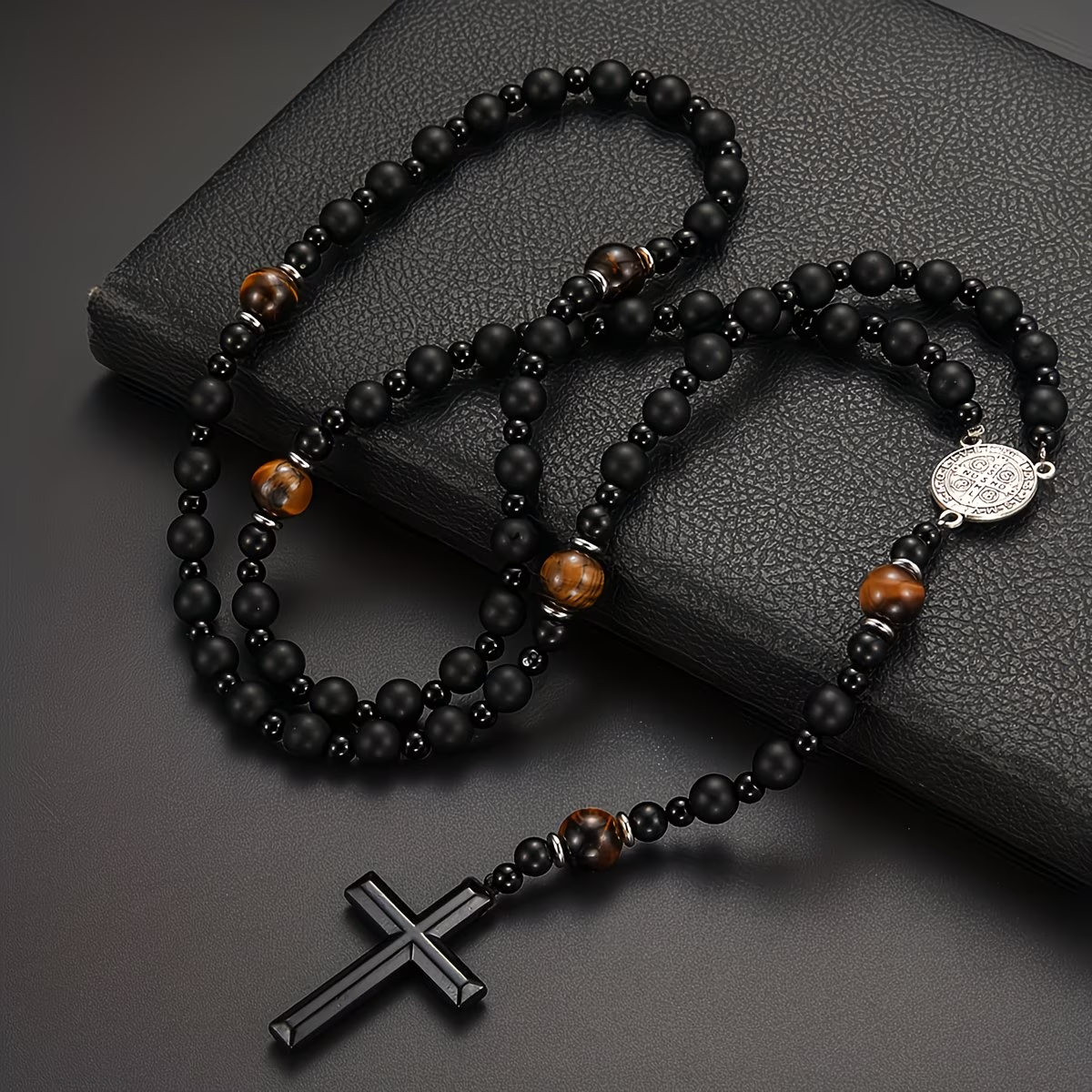 Trendy Cool Black Round Bead Yellow Tiger Eye St. Benedict Pendant Pendant Necklace Women Men Jewelry Gift