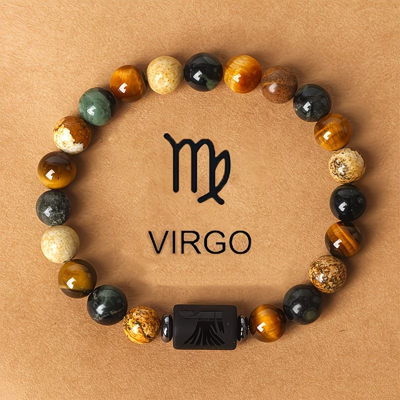 1pc 12 Constellations Zodiac Natural Stone Beaded Twelve Constellations Tiger Eye Stone Picture Stone Birthday Gift Valentine'S Day Gift Zodiac 19Cm/7.48Inch