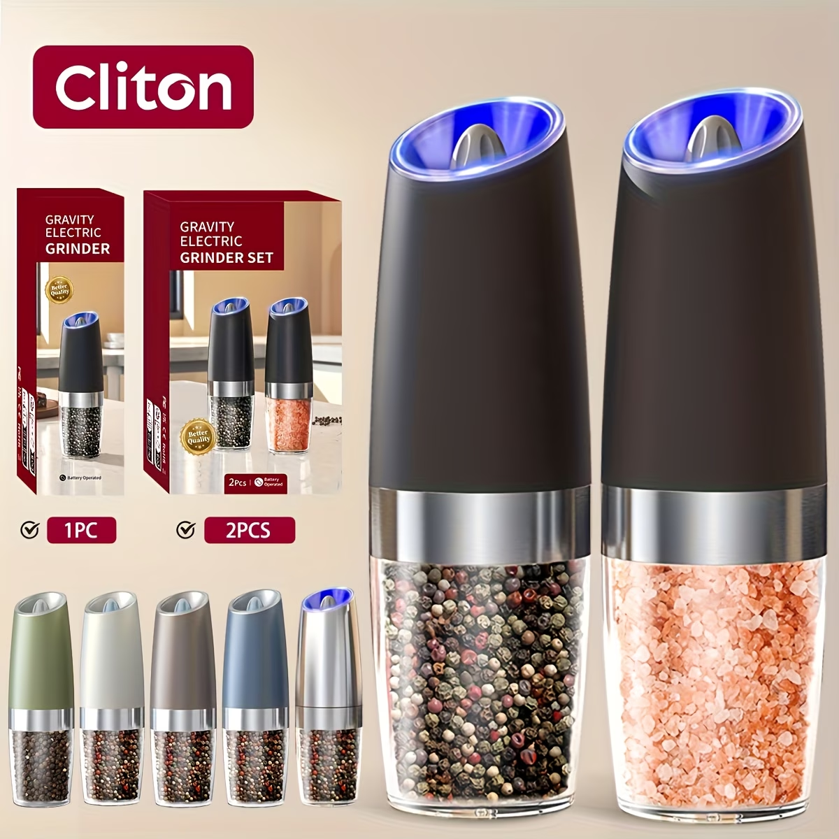 1/2pcs/set, Gravity Electric Salt And Pepper Mill, Powerful Pepper Grinder, Tilt to Grind Automatically, Battery Powered, Coarseness Adjustable, Upgraded Large Capacity, Easy to Clean, One-Hand Operation, Kitchen Essentials, LED Light, Gift Ideas