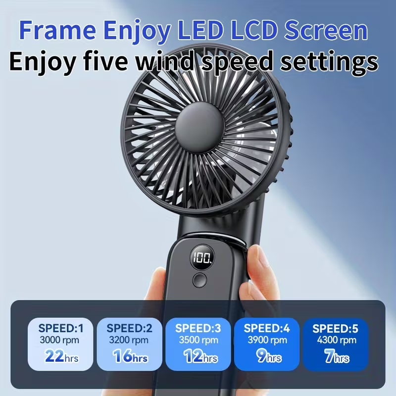 6000mAh Portable Handheld Fan 180° Foldable 5 Speeds Adjustable [6-22h Working Time] USB Rechargeable Small Desk Fan Foldable Personal Cooling Fan for Travel/Summer/Outdoor/Home/Office