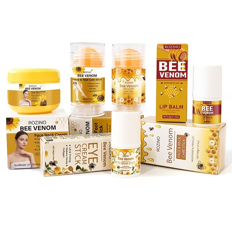 5pcs Bee Venom Care Combination, used for various purposes such as lip, face, neck, hands, feet, and body care. It is moisturizing, comprehensive, lightweight, non greasy, quickly absorbed, gentle and non irritating, portable and easy to use, Hand