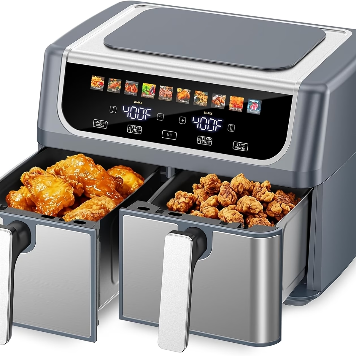 9.5 Quart Large Dual Basket Air Fryer with Double Basket, Independent Temp Control & Sync Mode, 10 Presets (Bake/Broil/Defrost/Dehydrate), Shake Reminder System, Compatible for Plug for Appliance