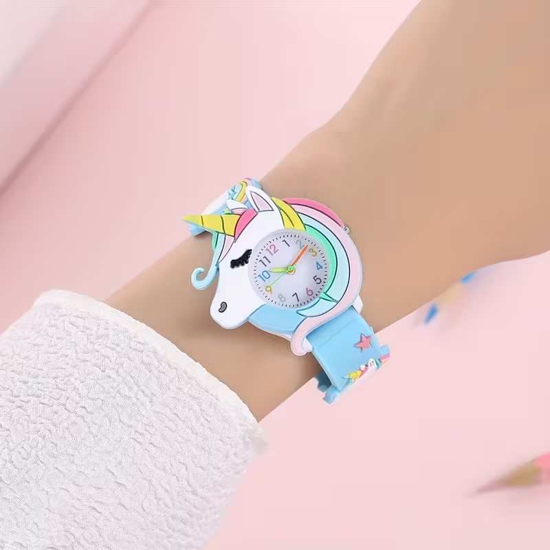 New Unicorn Cartoon Watch for Kids, Silicone, Quartz Movement, Non-Water Resistant, Battery Powered, Button Battery Included, Mixed Colors, Cute Design, Durable Strap