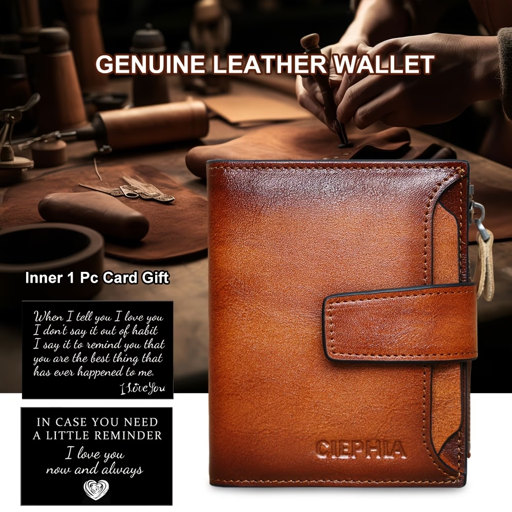 Men's Vintage RFID Blocking Wallet - Genuine Leather -Theft Billfold with Zipper Coin Pocket, 14 Card Holder, 2 ID Window & SD/ SIM, 2 Driver ID Holder - Leather for Christmas Valentine's/Father's Day Gift for Men Set Includes a Greeting Card