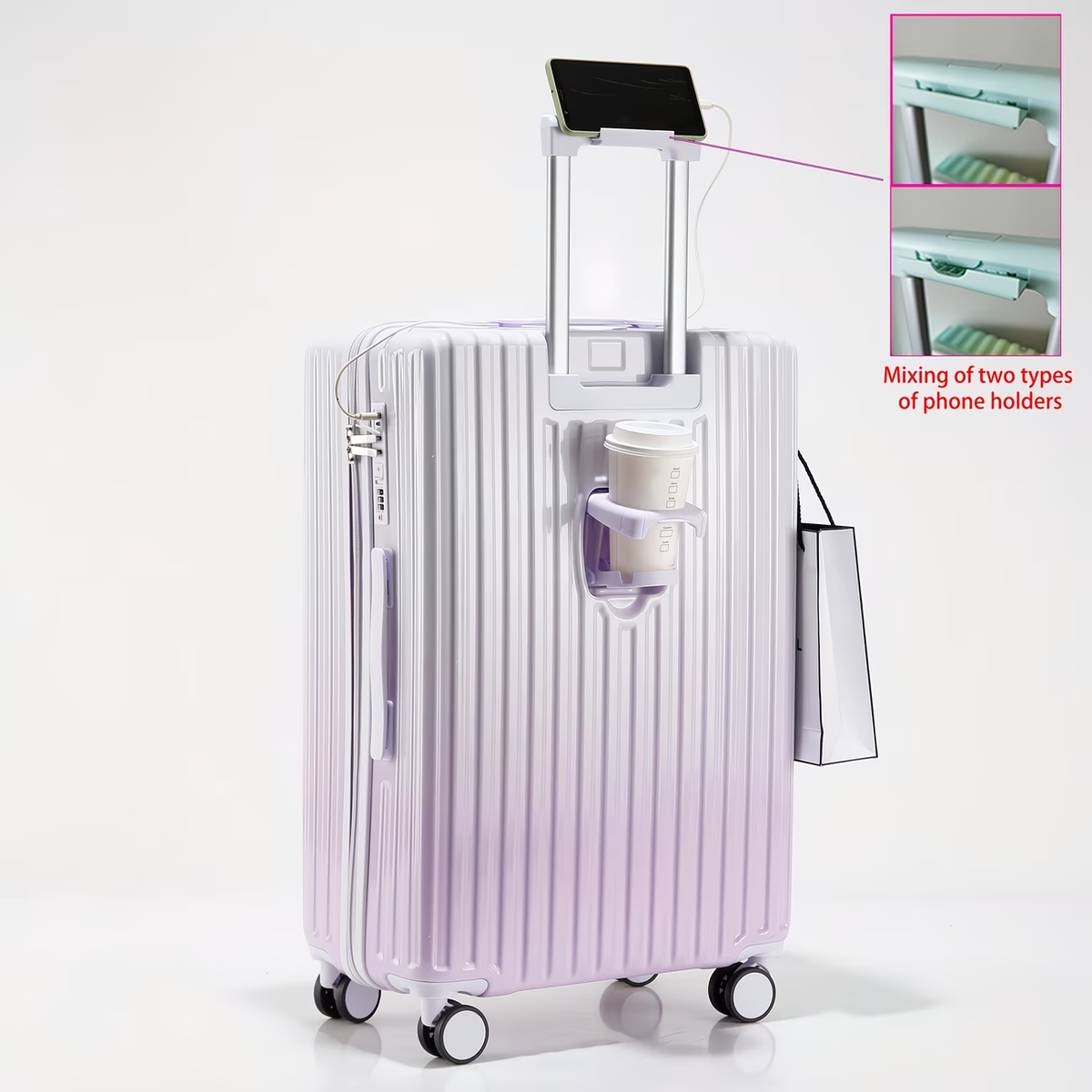 Christmas Gifts: Multi-functional Gradient Color Suitcase with High Quality Zipper, Cup Holder, USB Charging Port, Portable Hook, Telescopic Handle, Phone Holder. New 20-Inch Ultra-Light, Stylish, and Fresh-Looking Combination Lock Travel Suitcase