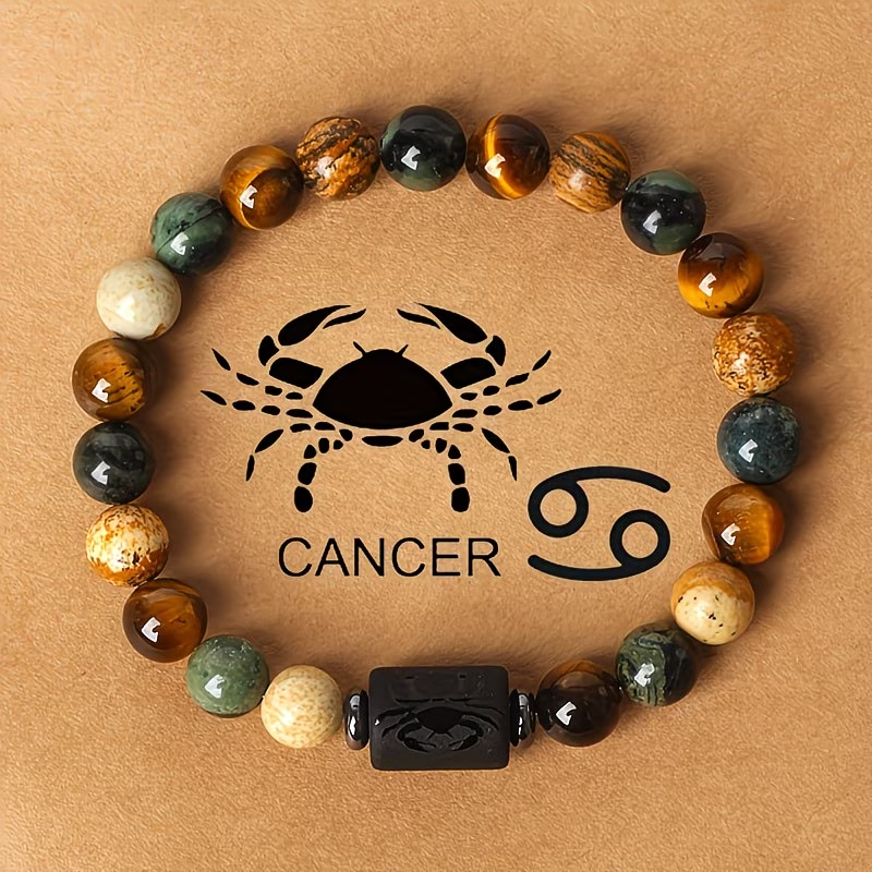 1pc 12 Constellations Zodiac Natural Stone Beaded Twelve Constellations Tiger Eye Stone Picture Stone Birthday Gift Valentine'S Day Gift Zodiac 19Cm/7.48Inch