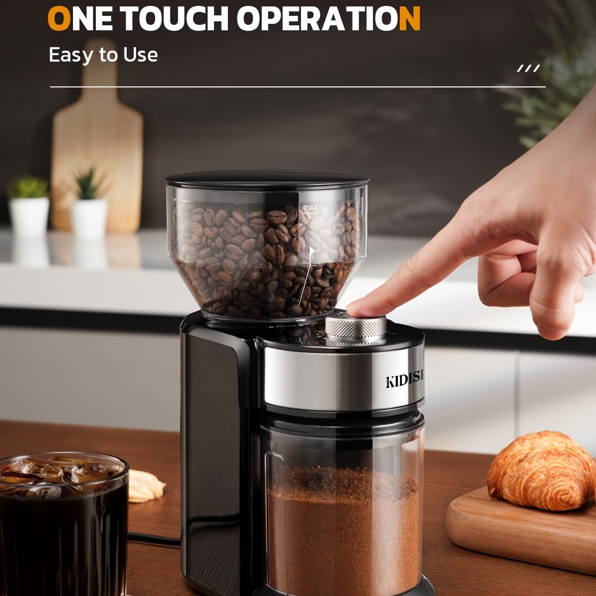 Electric Coffee Mill Featuring Adjustable Burrs, Offering 16 Precise Grinding Options for 2 to 14 Cups, in Black Color.