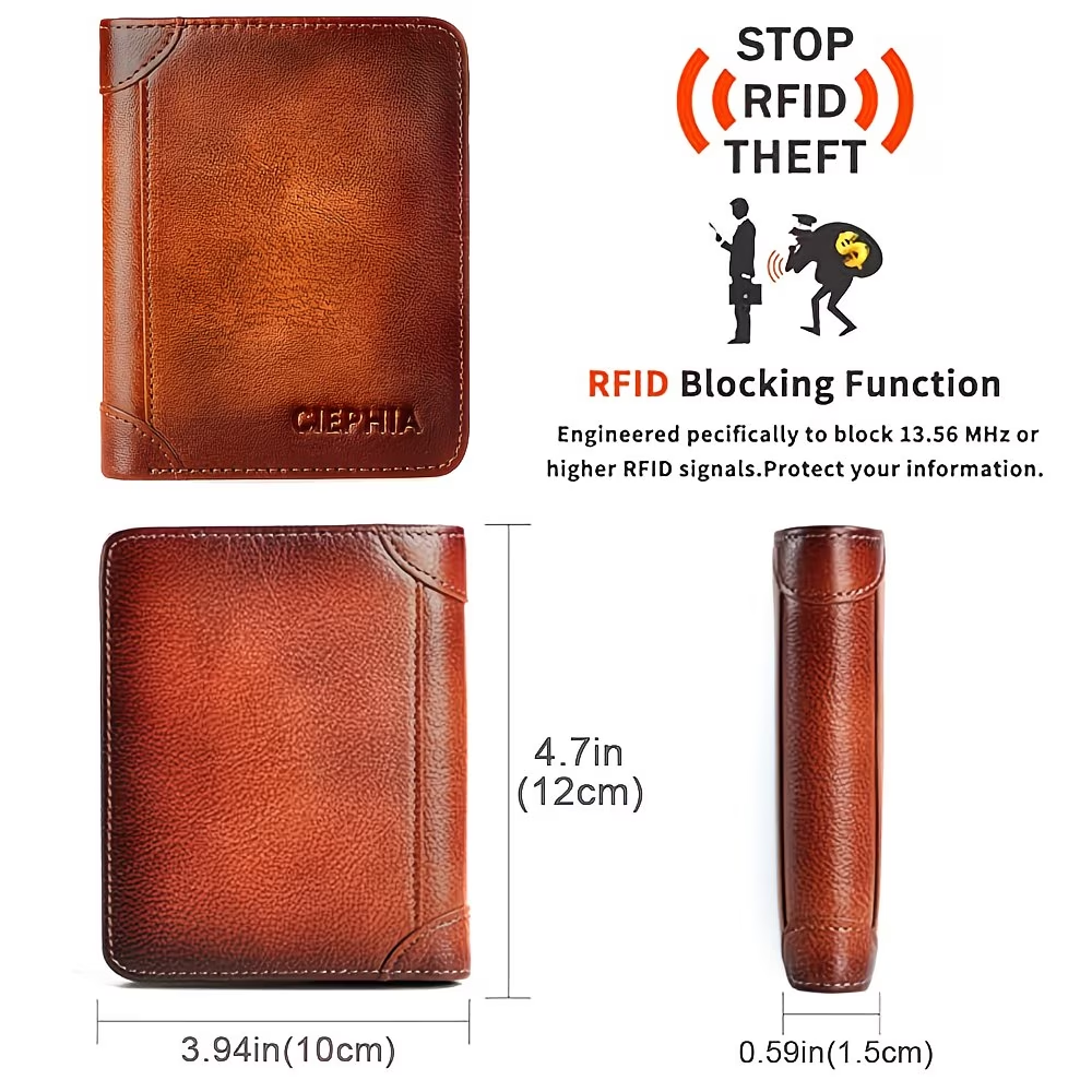 Genuine Leather Men's Wallet with Blessing Card Set, RFID Blocking, Ultra-Thin, Top-Grain Cowhide, Compact Multi-Function ID and Credit Card Holder, Christmas Valentine's Day Father's Day Gift