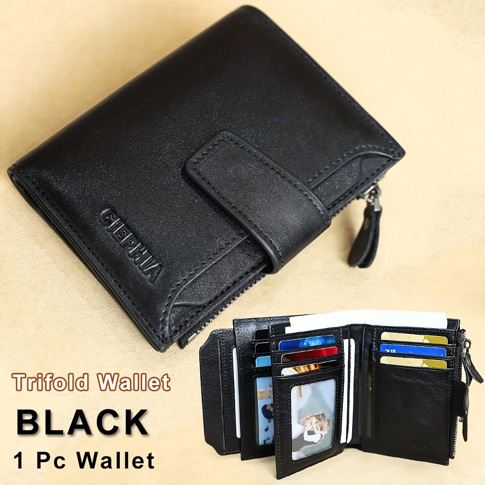 Men's Vintage RFID Blocking Wallet - Genuine Leather -Theft Billfold with Zipper Coin Pocket, 14 Card Holder, 2 ID Window & SD/ SIM, 2 Driver ID Holder - Leather for Christmas Valentine's/Father's Day Gift for Men Set Includes a Greeting Card