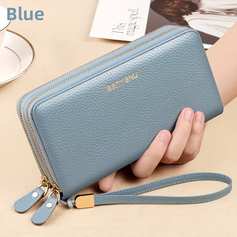 Women'S Long Wallet, Stylish And Spacious, Made of Top-Layer Cowhide, Double Zipper Genuine Leather Clutch Bag 9009