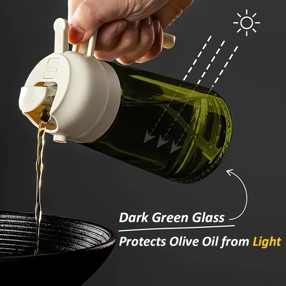 2-piece openable push-button oil spray bottle, 470ml glass spray and invert dual-use oil bottle, household olive oil spray bottle, automatic back-suction nozzle, double seal to prevent leakage when inverted.