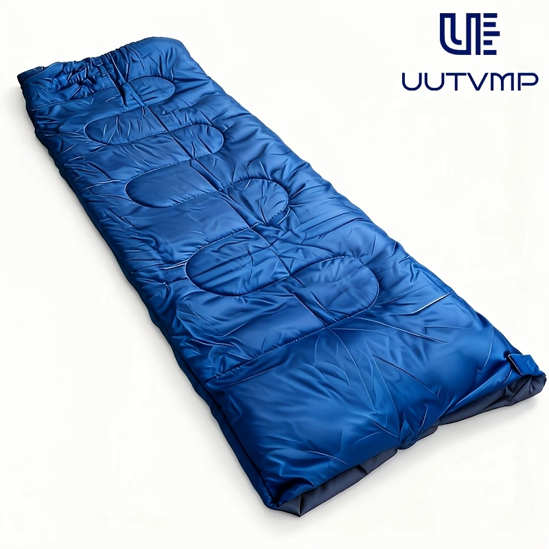 A blue envelope sleeping bag, modular and suitable for camping, hiking, trekking, cycling, travel, and other outdoor activities.