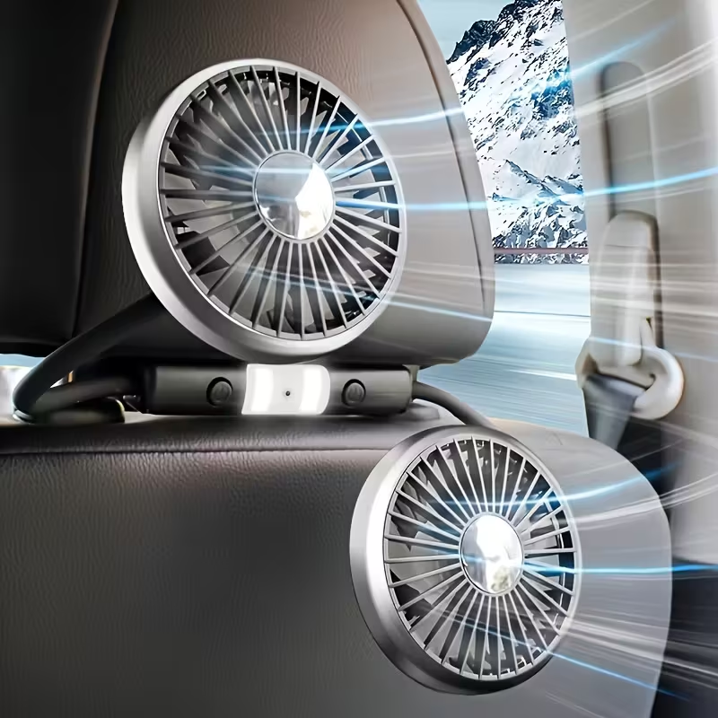 A Dual-Head Hose Fan for Cars, Featuring a USB Interface for The Rear Seat, Offers 360° Rotation And Three-Speed Strong Airflow. This USB Device Is Designed for Cooling in Vehicles And Is Also Compatible with Laptops