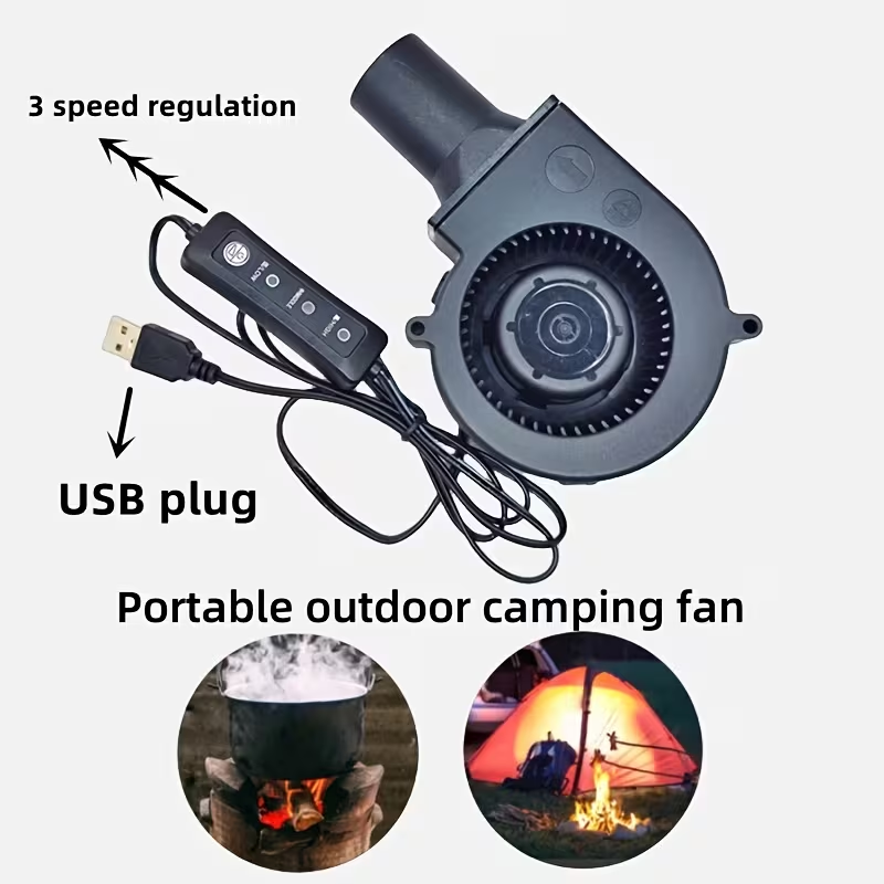 A 5V USB Blower Fan Featuring Multiple Speed Settings And an Air Outlet to Enhance Combustion, This Compact And Portable Cooling Fan Is Highly Efficient And Ideal for Different Outdoor Camping And Barbecue Situations