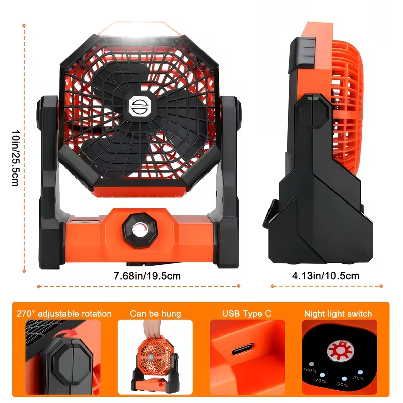New Multifunctional Outdoor Fan with Stepless Speed Control, Portable Hanging Anywhere, LED Light for Illumination, Essential for Camping, Autumn and Winter, Holiday Outdoor Travel, USB Rechargeable, Extra Large Lithium Battery with Long Endurance