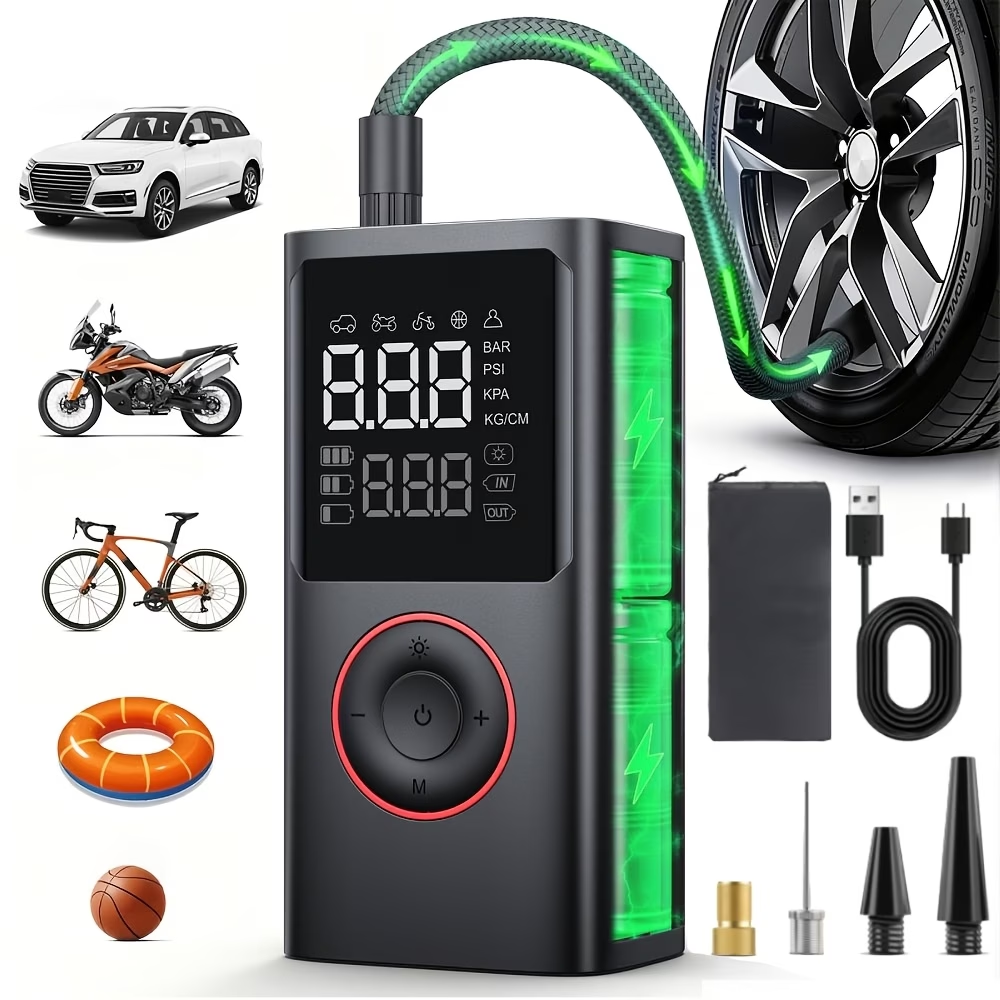 Holiday Special! [Cordless Tire Inflator] Portable Tire Inflator - Cordless Air Compressor with Digital Gauge & LED Light, USB Rechargeable, 3X Fast Inflation for SUV, Cars, Bikes, Motorcycles & Sports Equipment And Ball
