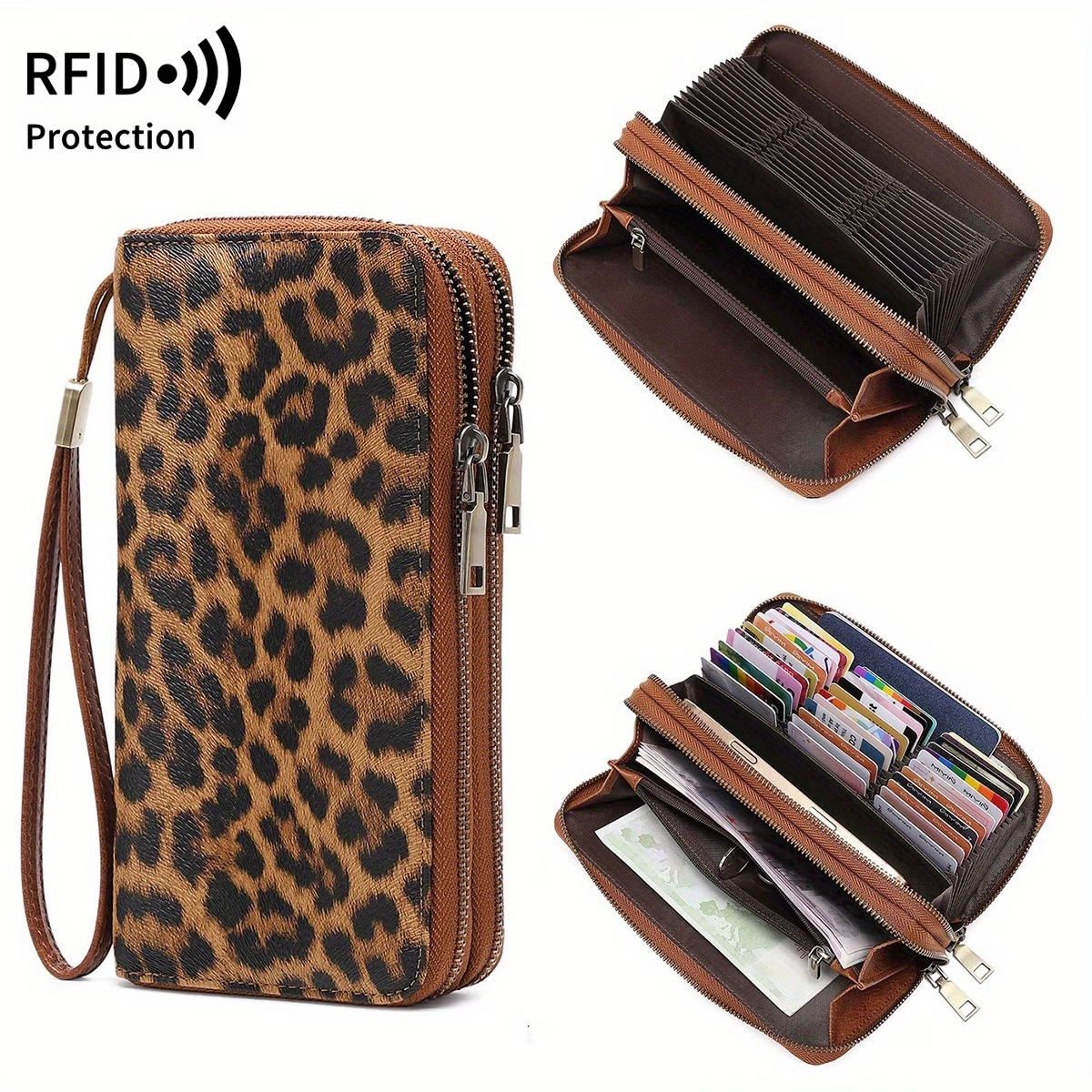Women'S Retro Leopard Print Large Capacity Wallet with RFID Blocking, Golden-Tone Hardware & Zipper Closure - Multi-Compartment Design with Card Slots