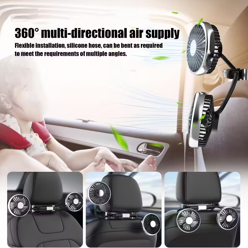 A Dual-Head Hose Fan for Cars, Featuring a USB Interface for The Rear Seat, Offers 360° Rotation And Three-Speed Strong Airflow. This USB Device Is Designed for Cooling in Vehicles And Is Also Compatible with Laptops