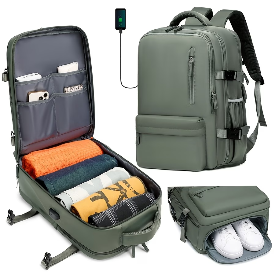 Airline-Approved Large Capacity Travel Backpack with 16" Laptop Compartment, Shoe Pocket & Multi-Pocket Organizer - Durable 180° Open Top, USB Charging, 360° Spinner Wheels for Business, Gym, School, Travel Backpack