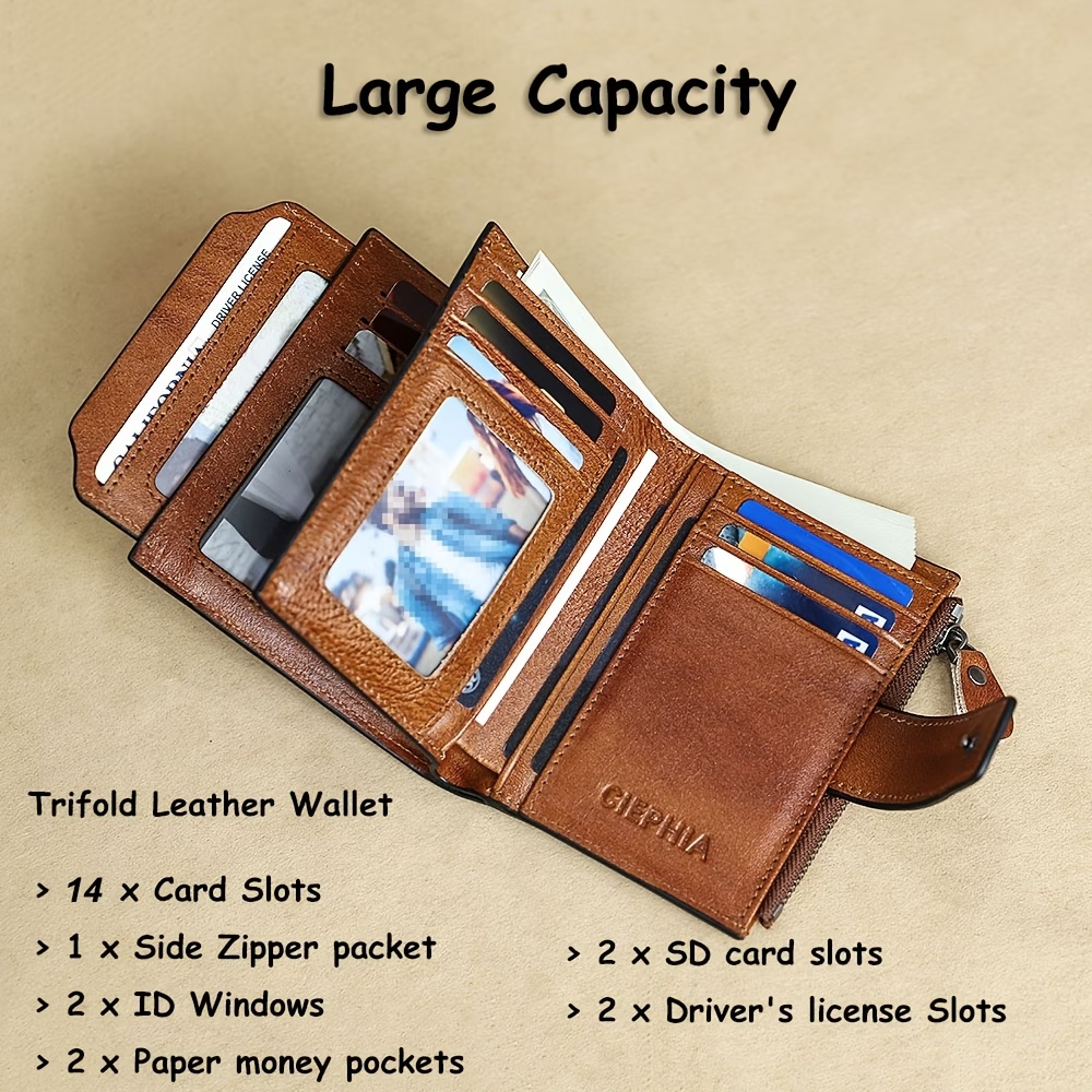 Men's Vintage RFID Blocking Wallet - Genuine Leather -Theft Billfold with Zipper Coin Pocket, 14 Card Holder, 2 ID Window & SD/ SIM, 2 Driver ID Holder - Leather for Christmas Valentine's/Father's Day Gift for Men Set Includes a Greeting Card