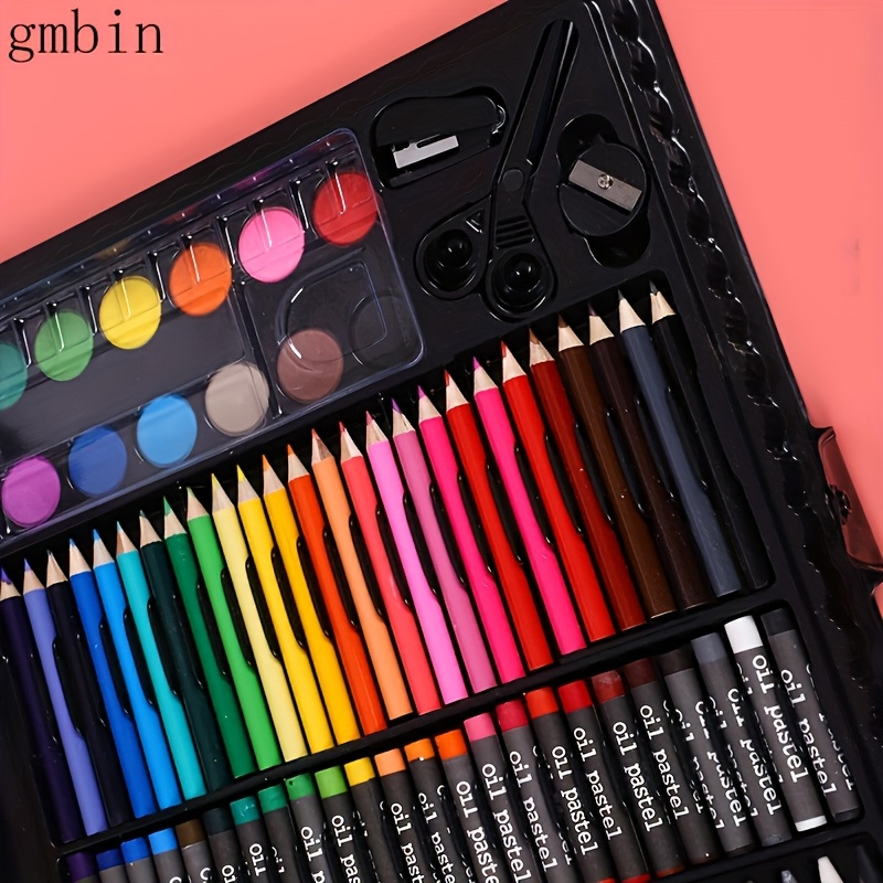Paintbrush, watercolor, crayon, and wax stick drawing tool set; school supplies drawing set; black drawing set.