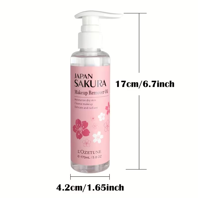 New Release 5.75oz Sakura Love Makeup Remover Oil, Contains Plant-Derived Squalane, Gentle Alcohol-Free Formula, Emulsifies in One Second, Refreshing and Non-Comedogenic, Suitable for Students and Women, A Must-Have for Daily Makeup Removal